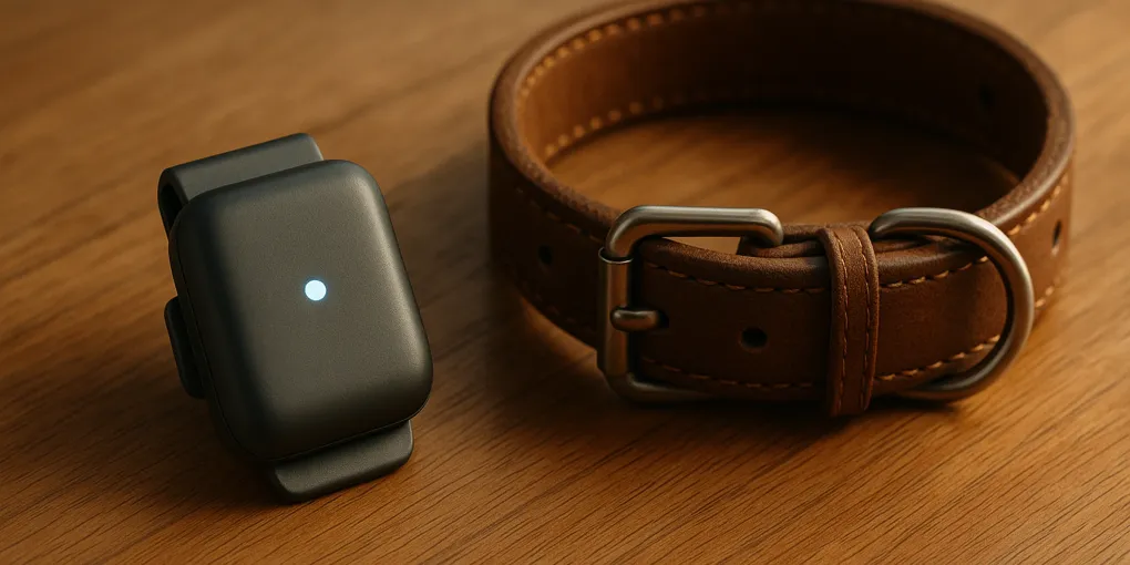 Dog wearing a GPS activity tracker collar on a trail walk