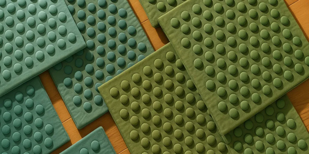 Teal foam therapy mat with rounded acupressure nodes on a clean wood floor with warm natural light