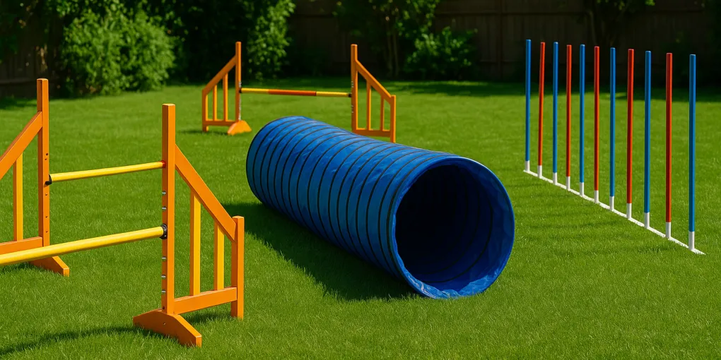 Dog jumping through a colorful agility hoop in a backyard obstacle course setup