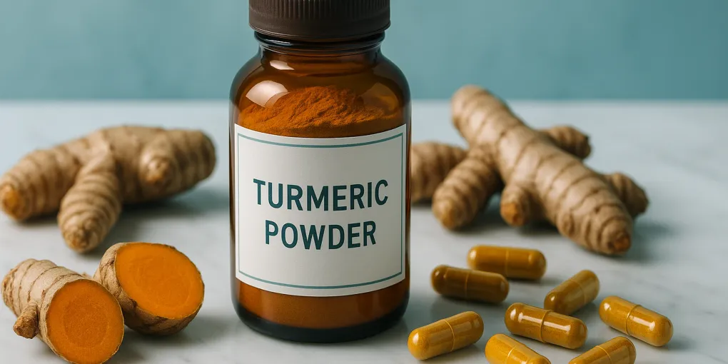 Amber supplement bottles with turmeric powder and golden capsules on a clean white marble surface with soft natural lighting