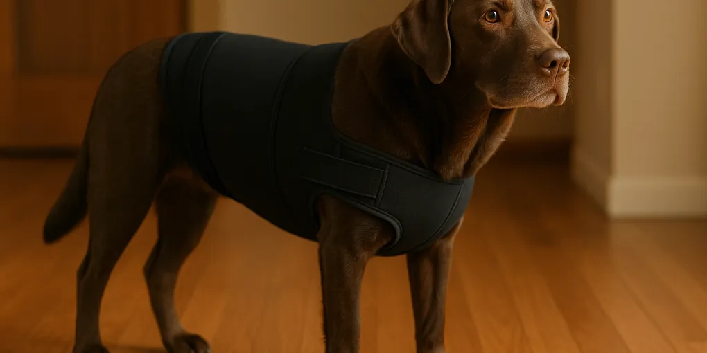 Dog wearing a back support brace, shown on a clean studio background with warm natural lighting