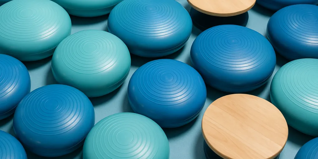 Teal balance disc and wooden wobble board on a clean gym-style floor surface with soft natural lighting