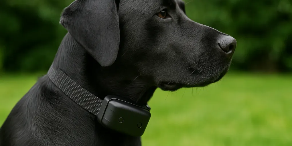 Dog wearing a compact vibration collar in an outdoor training setting