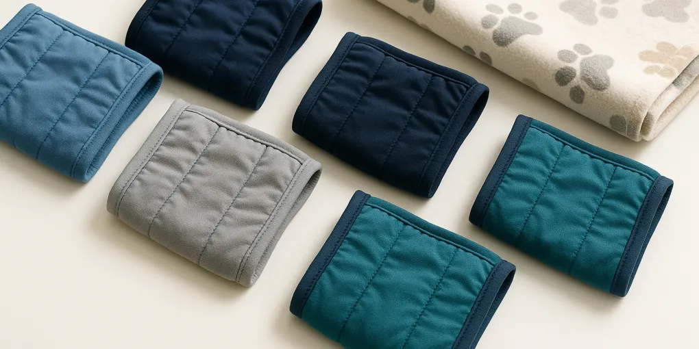 Close-up of a washable belly band on a calm senior male dog lying on a dog bed