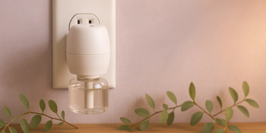 Plug-in dog calming diffuser inserted in a wall outlet in a living room with a resting dog nearby