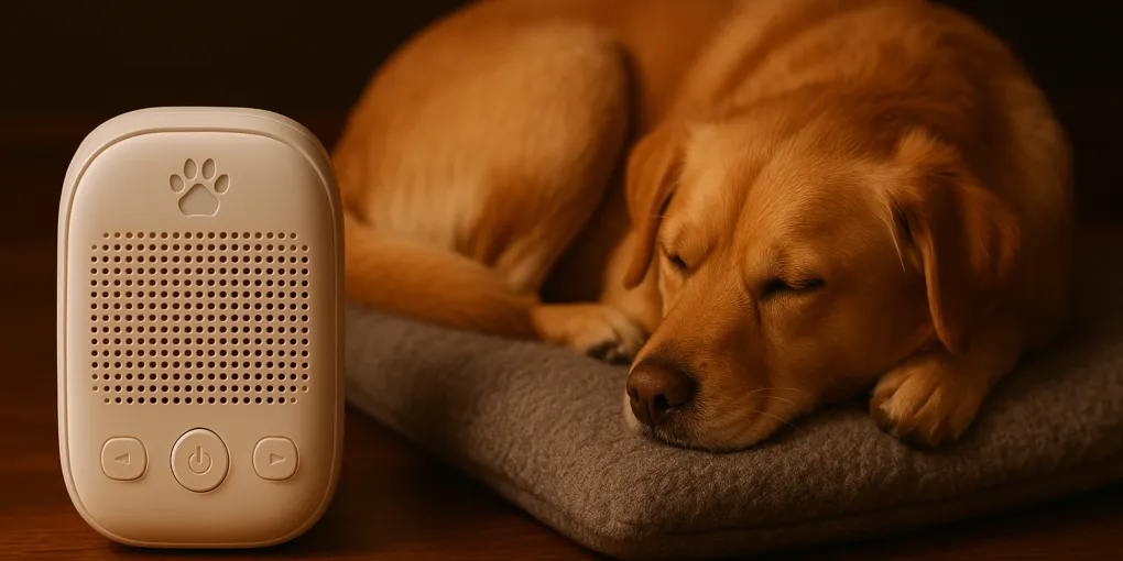 Dog resting calmly on a dog bed near a small speaker playing music