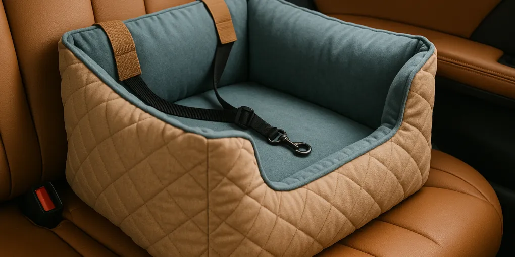 Comfortable dog car seat with senior dog looking out window