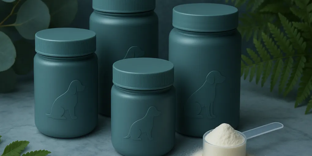 Supplement powder scoop and supplement bottle with a dog bowl on warm wood surface with natural light