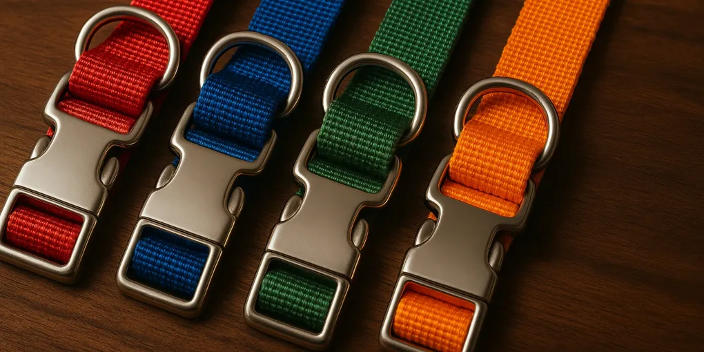 Multiple colorful dog collars with metal buckles arranged on a wooden surface