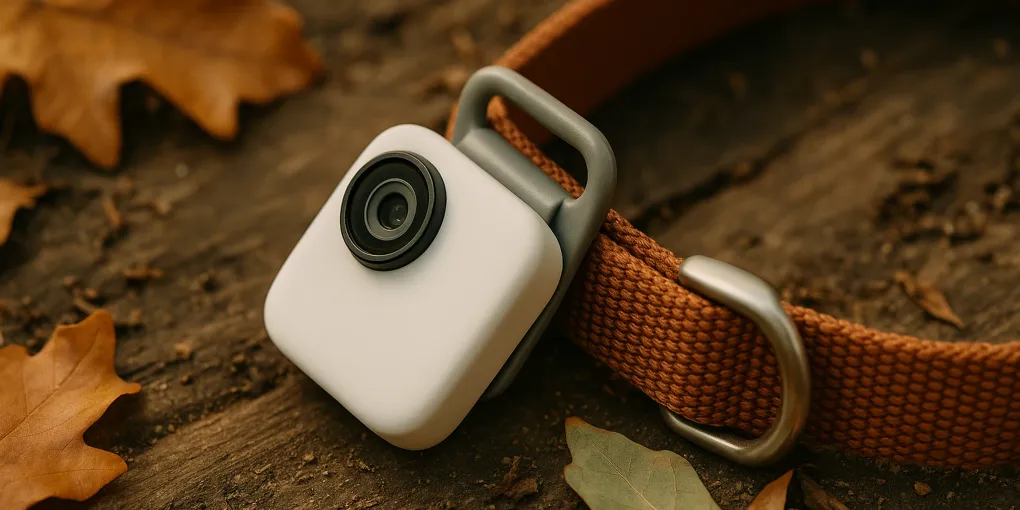 Small wearable camera mounted on a dog's collar outdoors on a trail
