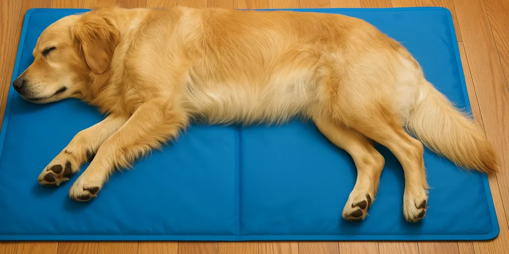 Large dog lying comfortably on a blue self-cooling gel mat indoors