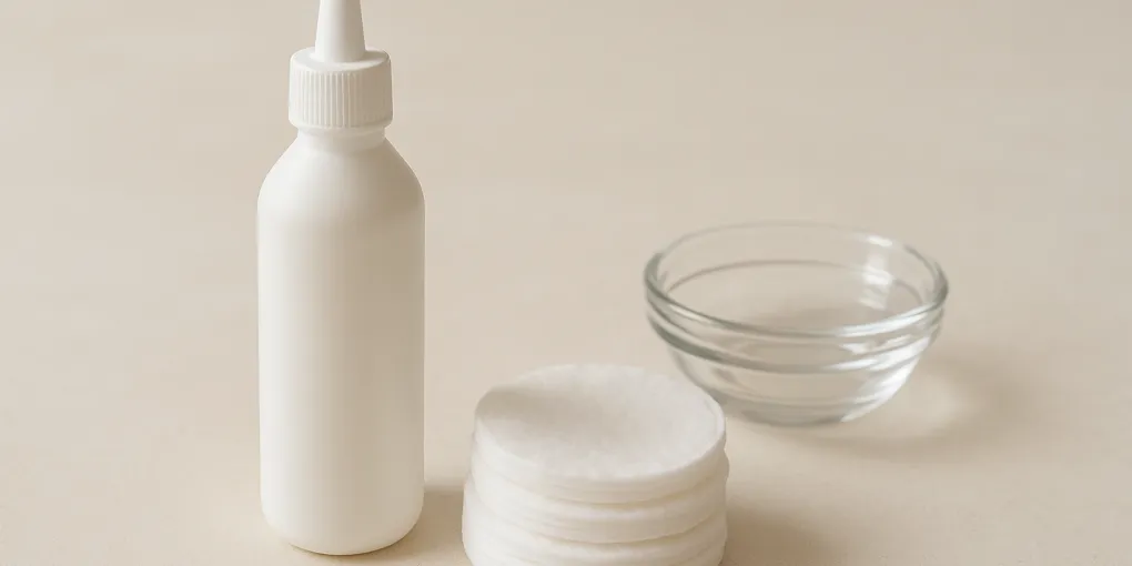 Dog ear cleaning solution bottle with cotton pads on clean surface