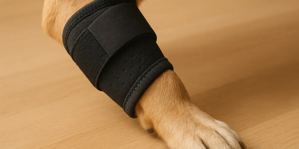 Dog front leg with an elbow support brace fitted, shown on natural wood surface with soft lighting