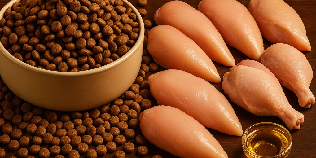 Athletic dog mid-run beside a premium high-protein dog food bowl with chicken and sweet potato on a clean surface