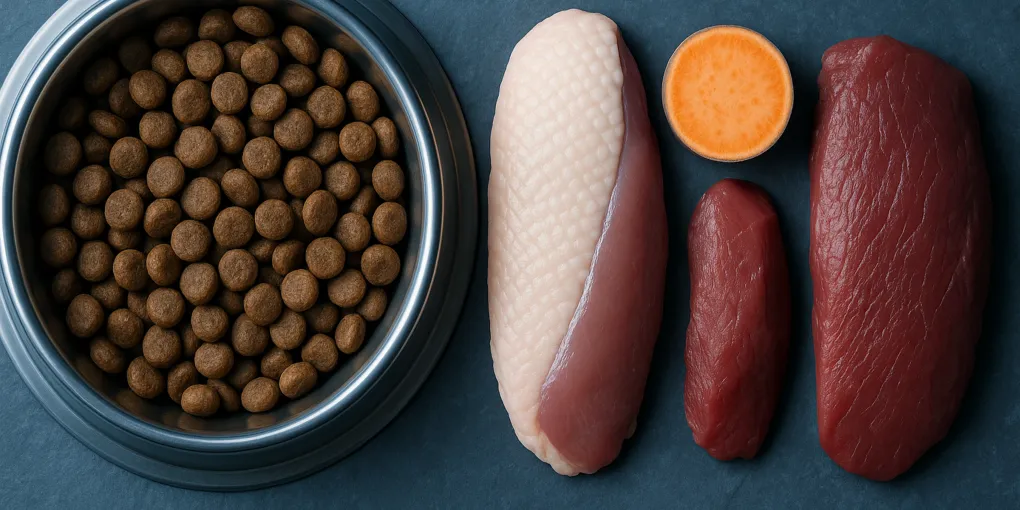 Dog food bowl with simple whole ingredients beside a dog scratching itchy skin allergies