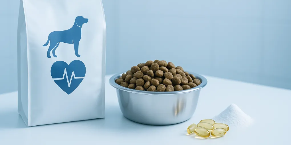 Premium veterinary cardiac diet dog food with heart health supplements on clean white surface