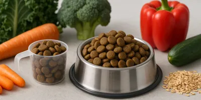 Bowl of high-fiber dog food next to an insulin syringe and glucose monitoring supplies on a veterinary exam table
