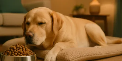 Calm relaxed dog lying next to premium dog food bowl, peaceful home setting with natural light
