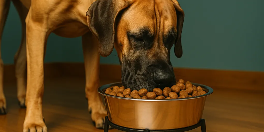 Great Dane adult dog eating from large elevated stainless steel bowl with premium giant breed dog food