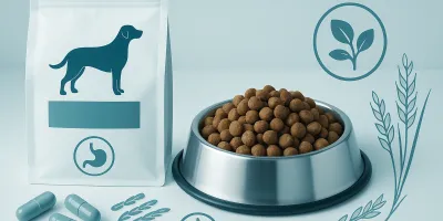 Veterinary gastrointestinal dog food beside a clinic exam table