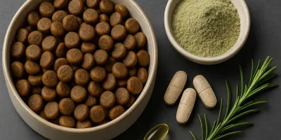 Active large dog running beside a premium dog food bowl with glucosamine supplement capsules on a wooden surface