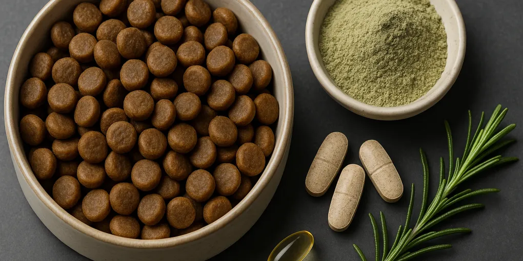 Active large dog running beside a premium dog food bowl with glucosamine supplement capsules on a wooden surface