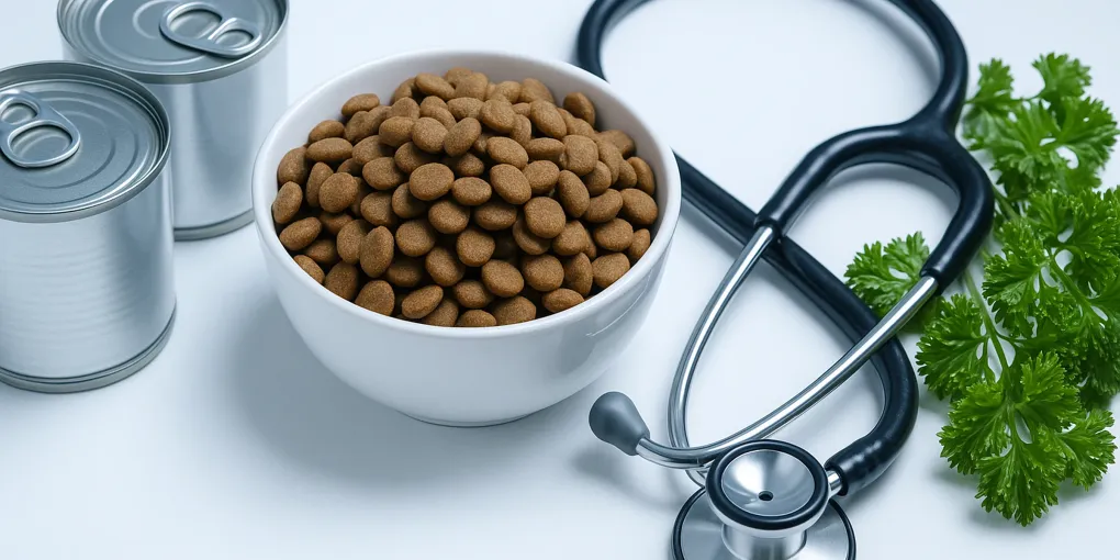Veterinarian reviewing a prescription kidney diet dog food can alongside a senior dog at a clinic
