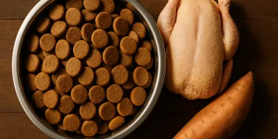 Large breed adult dog eating from a stainless steel bowl with dry kibble on a hardwood floor
