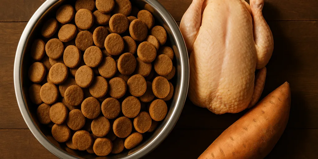 Large breed adult dog eating from a stainless steel bowl with dry kibble on a hardwood floor