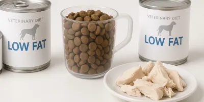 Veterinarian examining a dog beside low-fat gastrointestinal dog food