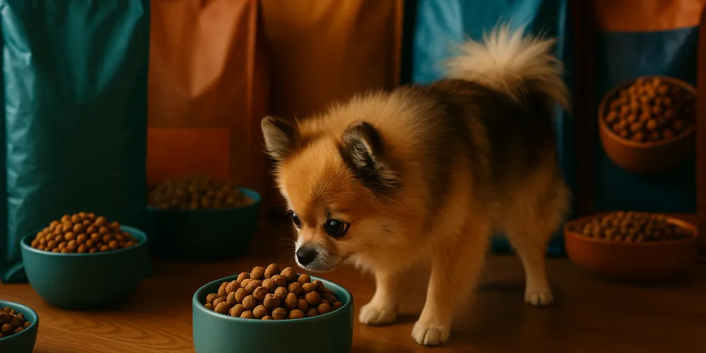 Fussy small dog sniffing food bowl with uneaten kibble, reluctant expression