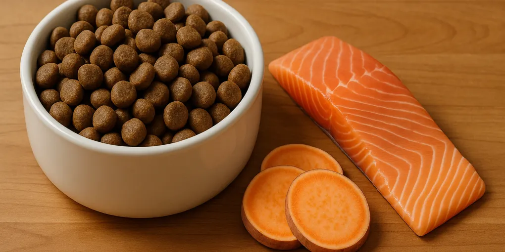 Dog food kibble in a stainless bowl with a calm dog resting beside it on a clean floor