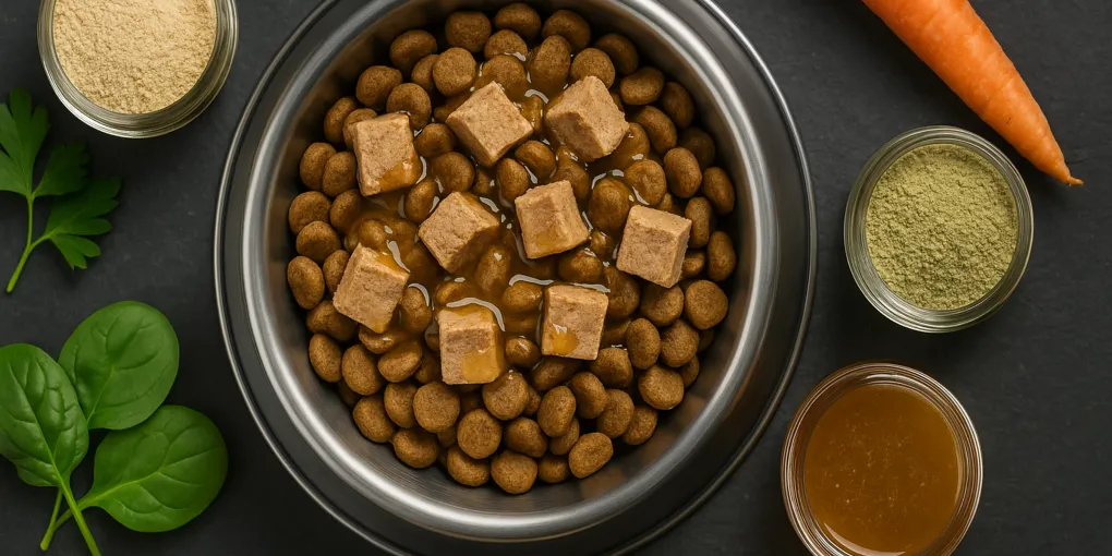 Freeze-dried raw dog food topper being sprinkled over kibble in a stainless steel bowl
