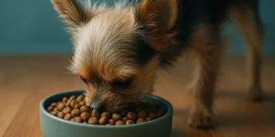 Tiny toy breed dog eating from small ceramic bowl with premium small-kibble dog food on wooden table
