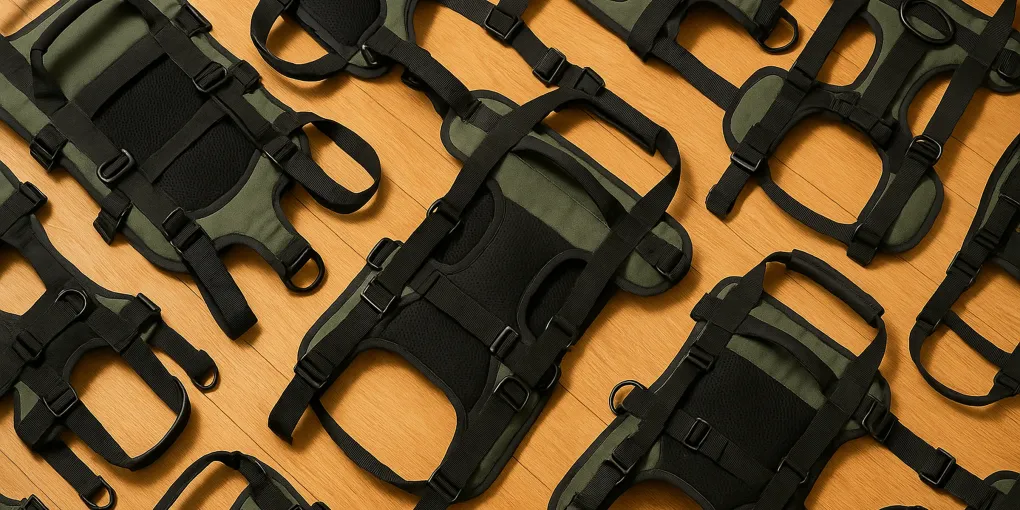 Green and black full-body dog support harness with lift handles laid flat on a clean wooden floor