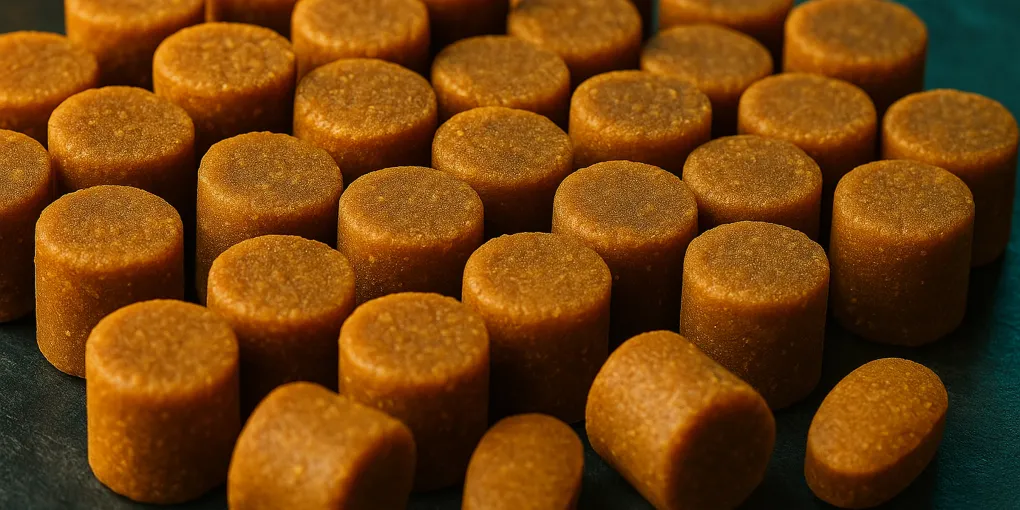 Dog joint supplement treat chews in a small pile on warm wood surface with natural lighting