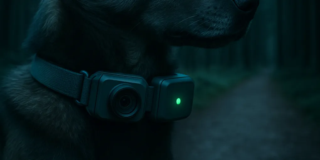 Dog wearing a GPS camera collar on a hiking trail, owner viewing live location on smartphone