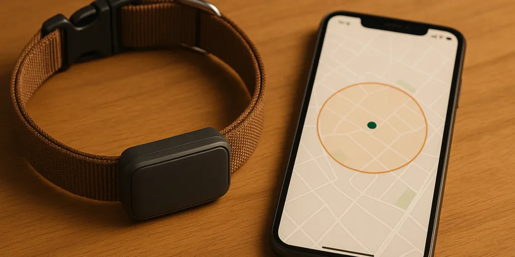 Dog wearing GPS fence collar in a backyard with a virtual boundary indicator on a smartphone app