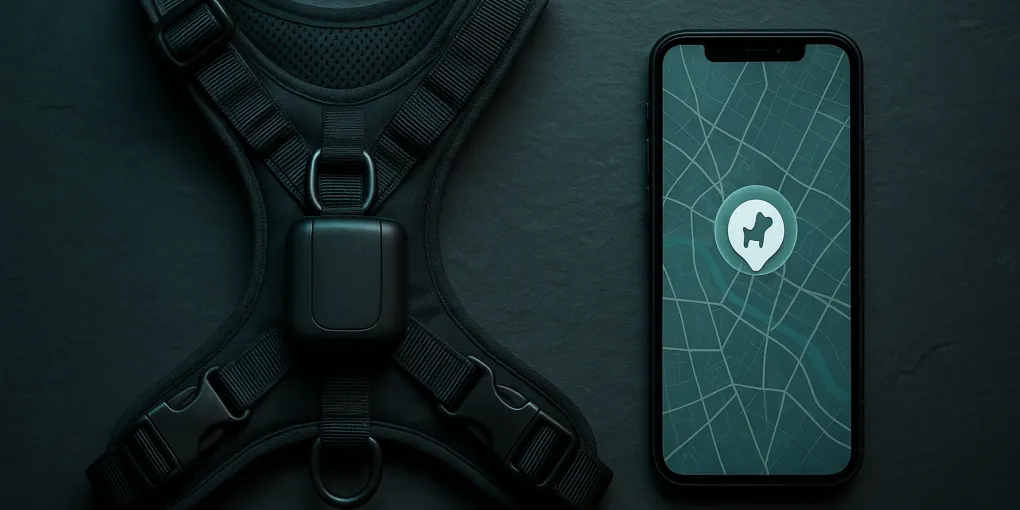 Medium-sized dog wearing a harness with a GPS tracker clip attached on a forest trail