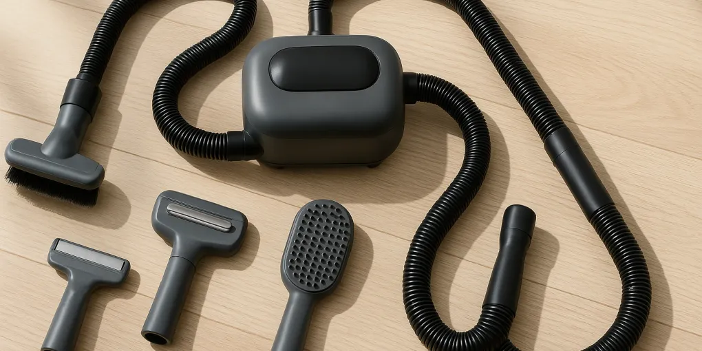 A person using a dog grooming vacuum kit on a golden retriever, capturing loose fur through the slicker brush attachment while the dog sits calmly