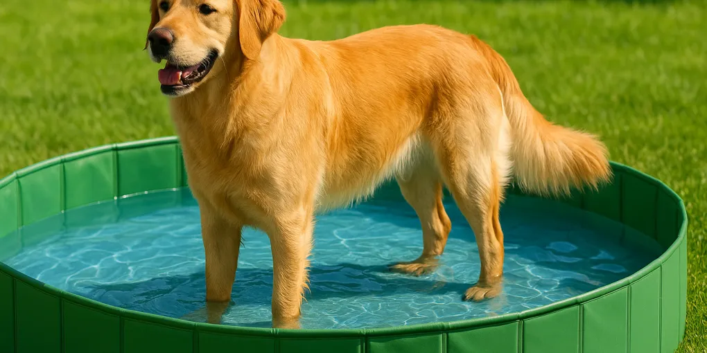 Senior dog standing in a shallow portable hydrotherapy pool outdoors, warm sunlight, natural green background