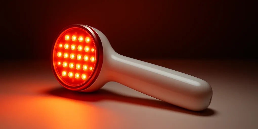 Red light therapy wand being used on a senior dog resting on an orthopedic bed with warm lighting