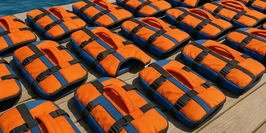 Orange and blue dog life jacket laid flat on a wooden dock near calm water, with rescue handle visible