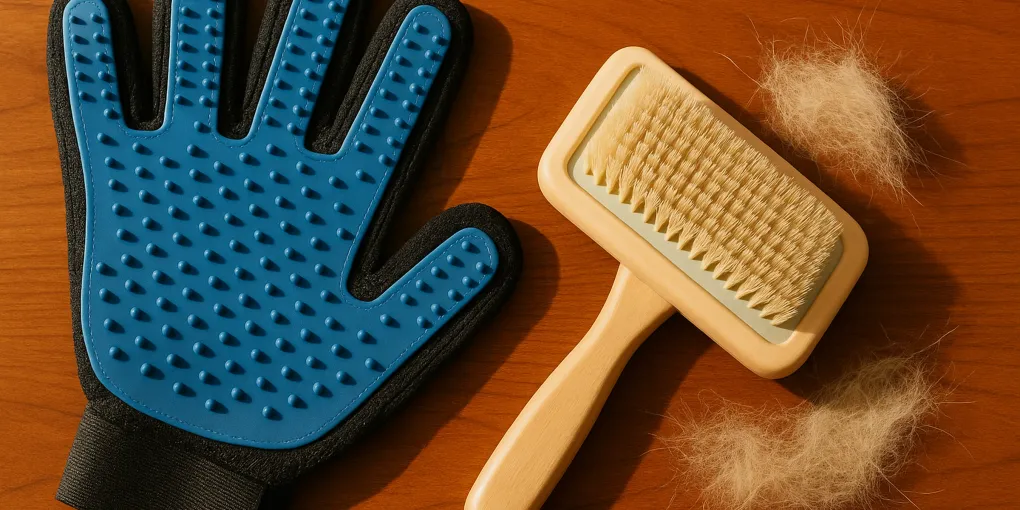 Owner using a massage grooming glove on a senior dog lying comfortably on an orthopedic bed