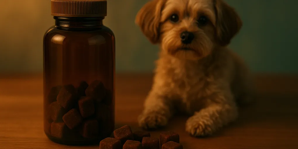Supplement bottles with soft chews on warm wood surface with calm evening lighting and natural tones