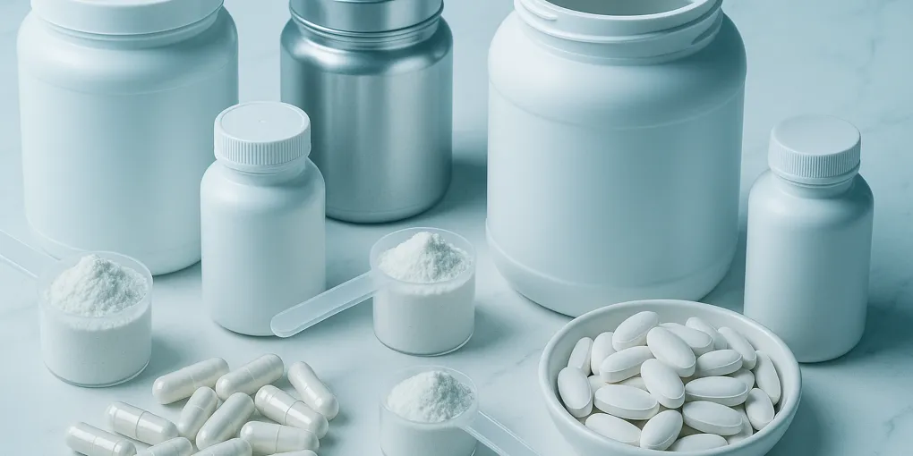 White supplement container with capsules and powder scoops on a clean white marble surface with cool blue lighting