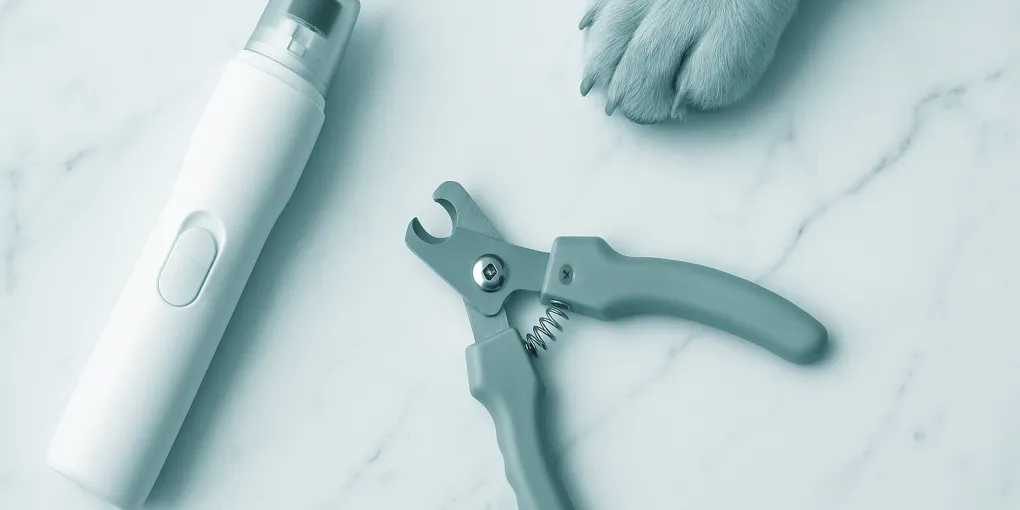 A hand using a cordless dog nail grinder on a medium-sized dog's front paw, showing the safety guard in place
