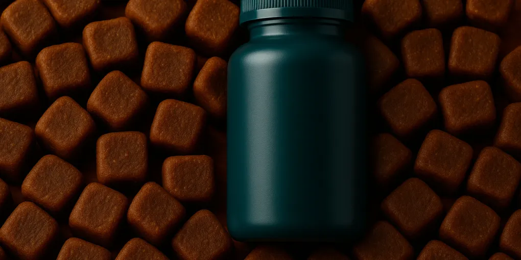 Dog supplement soft chews in a pile on warm wood surface with natural lighting