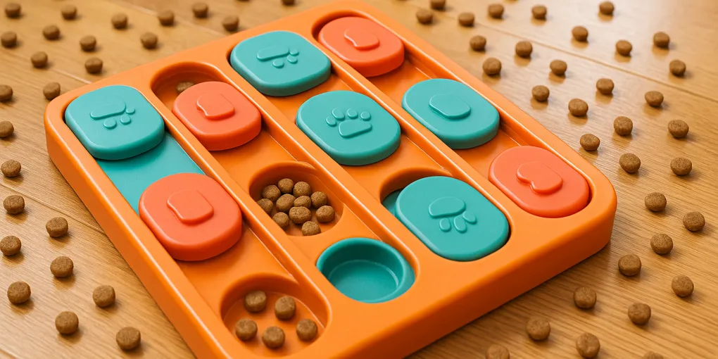 Dog using a rotating compartment puzzle feeder to find hidden kibble pieces