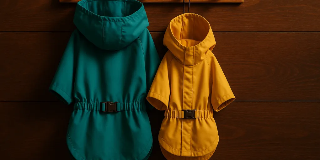 Dog rain coat hanging on a hook near a door, vibrant teal color on warm wood background with natural light